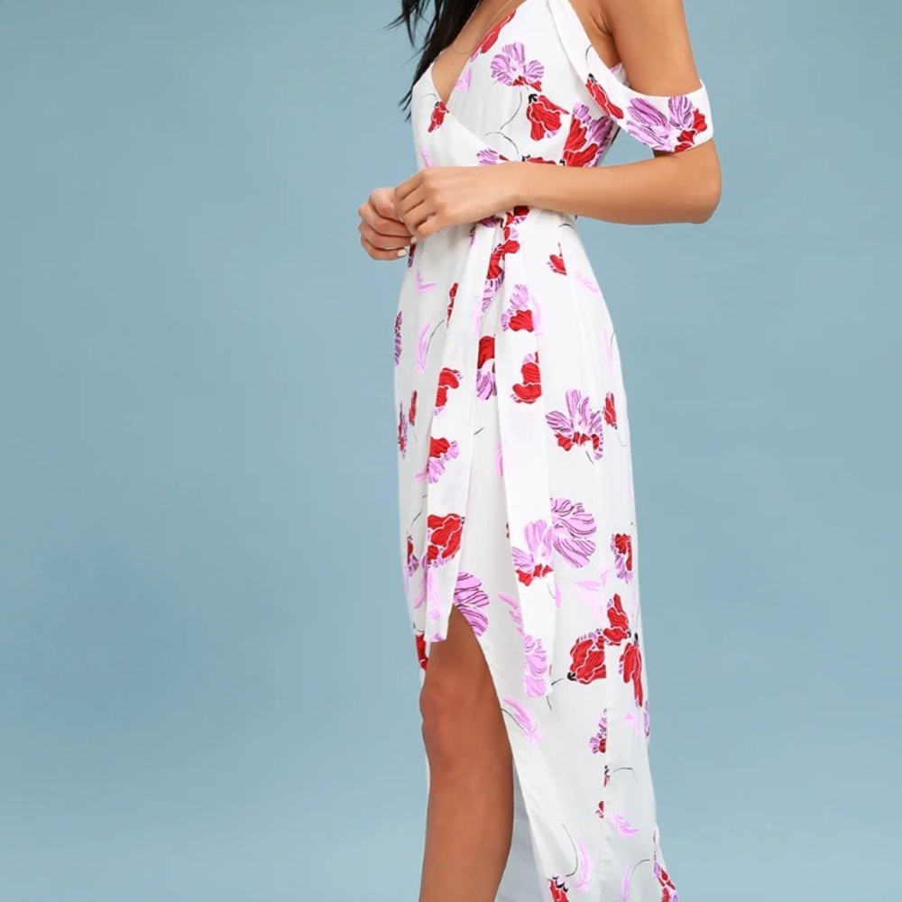 Bardot Camellia White Floral Print Off-the-Shoulder Wrap Dress  - Medium